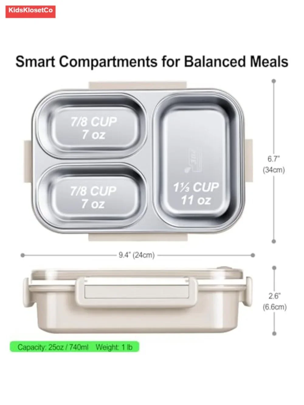 Stainless Steel Bento Box 3 Compartments Leakproof Lunch Container 25oz